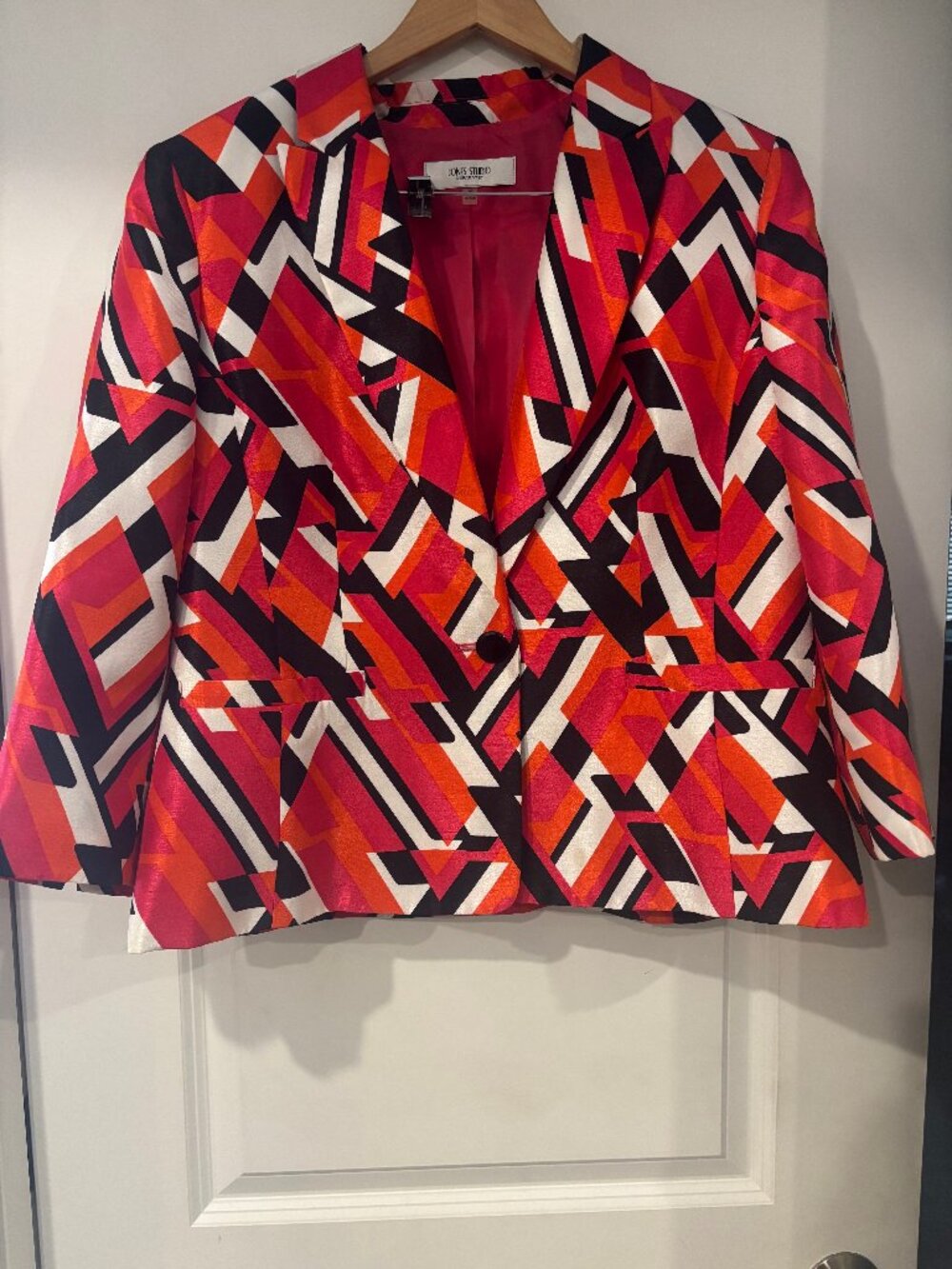 Vintage Y2K Jones Studio Pink Orange Abstract Art Print Blazer Sz 16